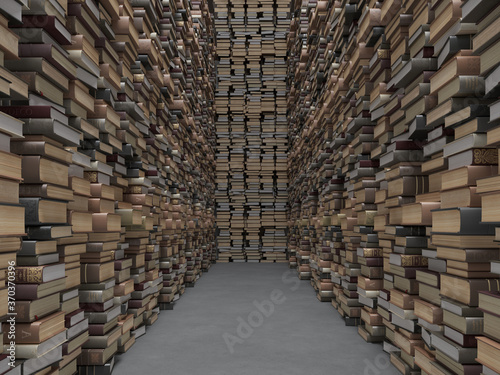 Stack of books background. Many books piles. 3d rendering.