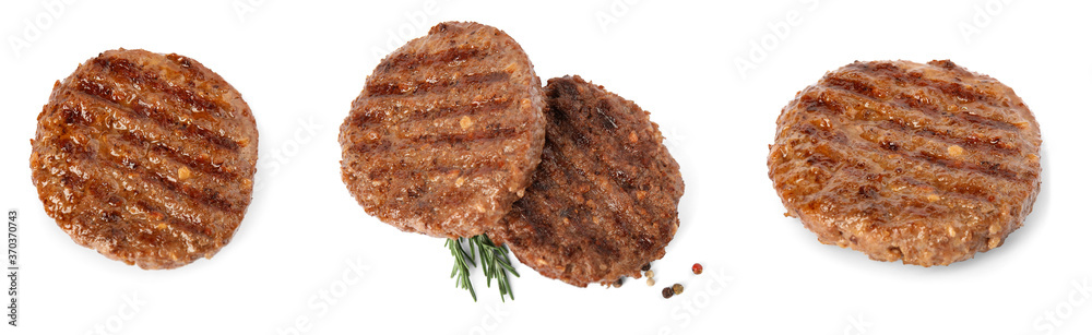 Set with delicious grilled meat on white background, banner design Set with delicious grilled meat on white background, banner design
