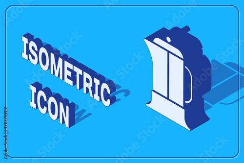 Isometric French press icon isolated on blue background. Vector Illustration.