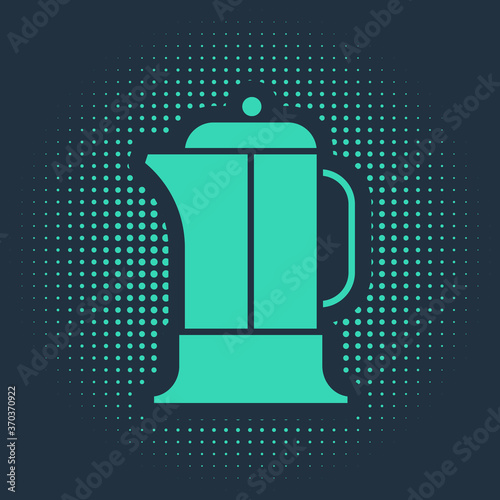 Green French press icon isolated on blue background. Abstract circle random dots. Vector Illustration.