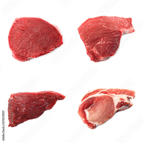 Set with raw meat on white background, top view