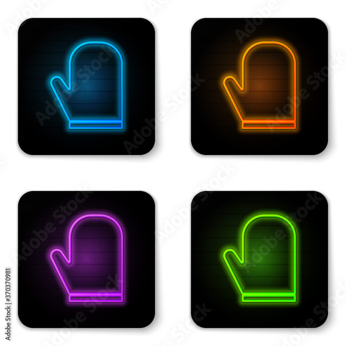 Glowing neon Oven glove icon isolated on white background. Kitchen potholder sign. Cooking glove. Black square button. Vector Illustration.