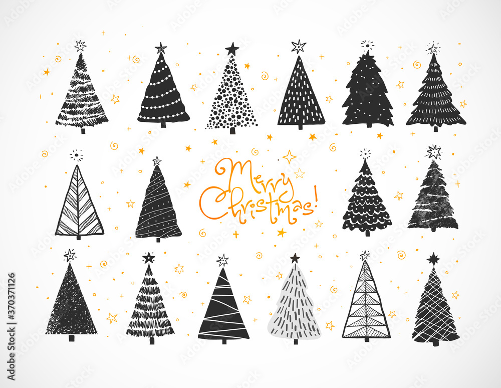 Naklejka Set of christmas tree doodles on white background.