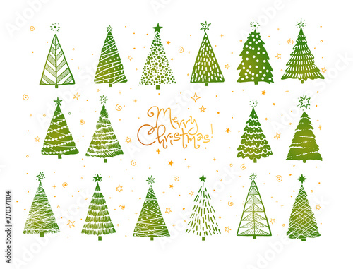 Set of green christmas tree doodles on white background.