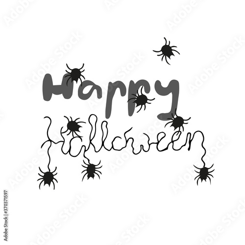 Hand written lettering Happy Halloween with spiders on white background © Julija