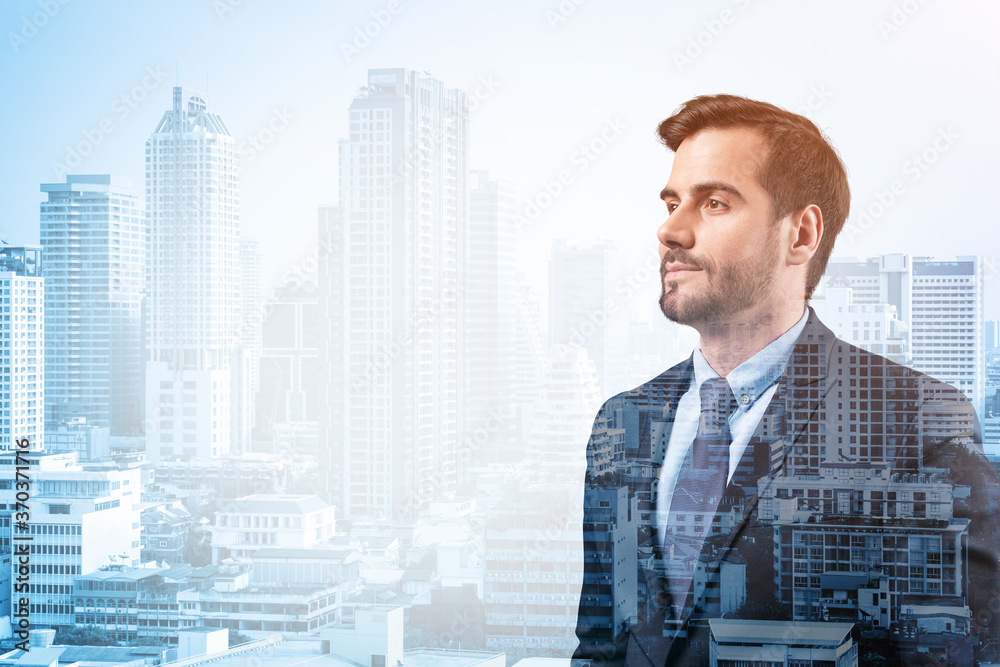 Young handsome businessman in suit thinking how to succeed, new career opportunities, MBA. Bangkok on background. Double exposure. Young handsome businessman in suit thinking how to succeed, new career opportunities, MBA. Bangkok on background. Double exposure.