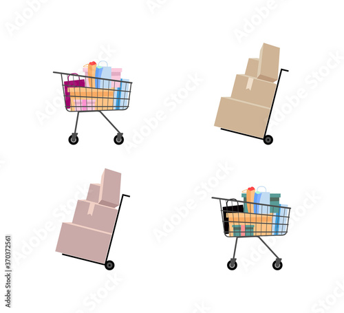 Hand truck and supermarket trolley flat color vector objects set