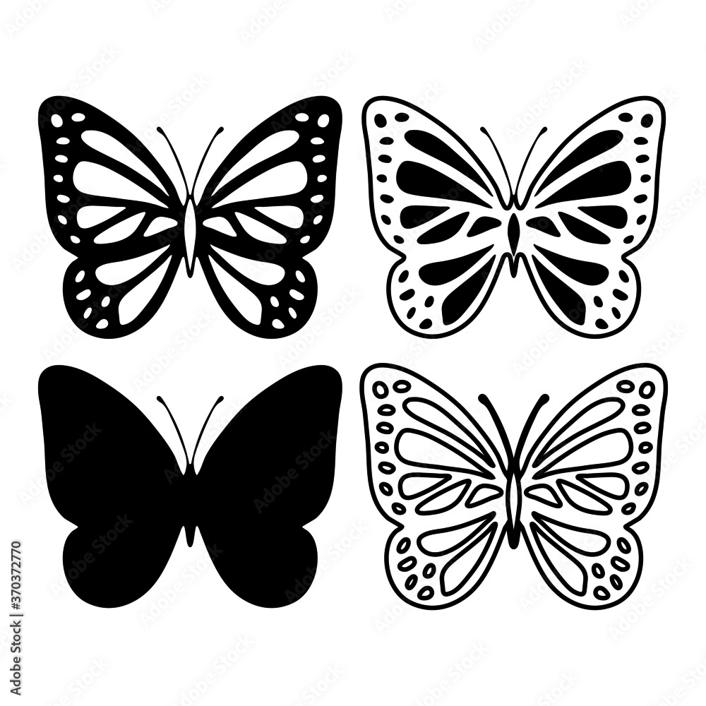 black silhouette pattern, stylized butterflies, isolate on a white background, for design different, template, stencil black silhouette pattern, stylized butterflies, isolate on a white background, for design different, template, stencil