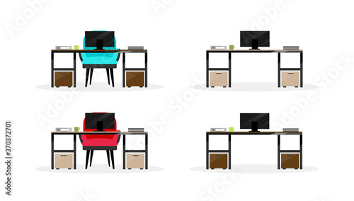 Computer table flat color vector objects set