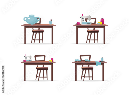 Craft work tables flat color vector objects set