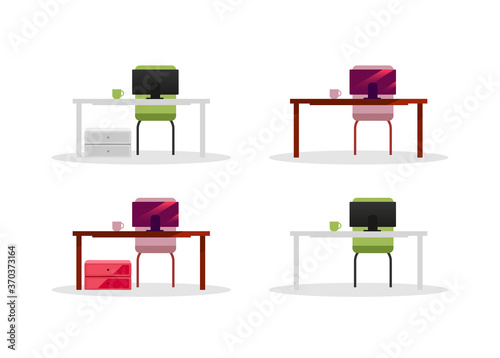Office tables with computers flat color vector objects set