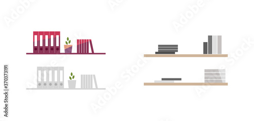 Folders and book on shelves flat color vector objects set