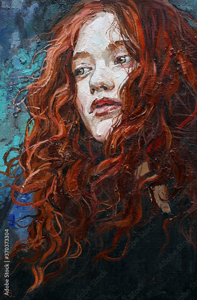  Fiery red curly hair as a waterfall falls from the head of a white-faced girl. Oil on canvas.
