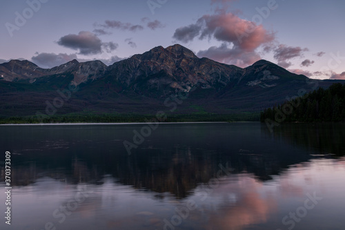 View of Pyramid Lake in Jasper National Park at sunrise. 