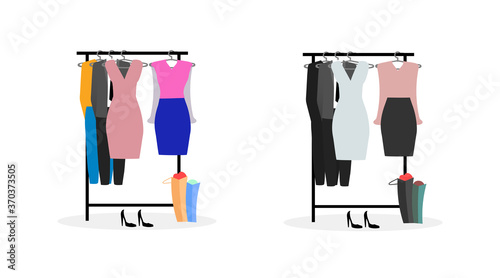 Clothes racks flat color vector objects set