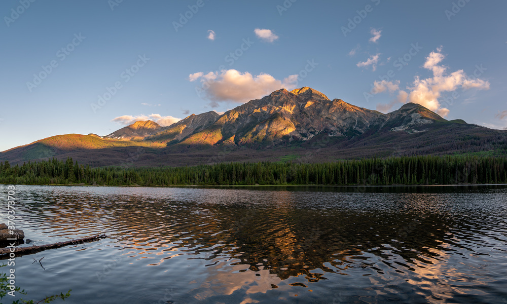 View of Pyramid Lake in Jasper National Park at sunrise. 