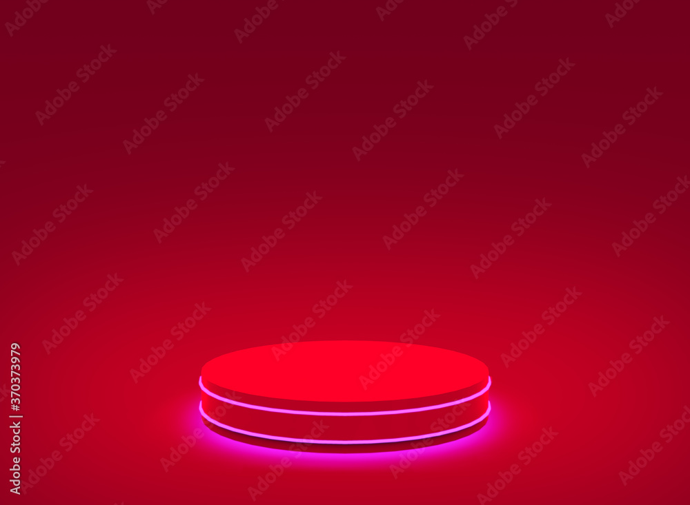 3d red neon light cylinder podium minimal studio red dark background. Abstract 3d geometric shape object illustration render. Display for christmas holiday product. 3d red neon light cylinder podium minimal studio red dark background. Abstract 3d geometric shape object illustration render. Display for christmas holiday product.