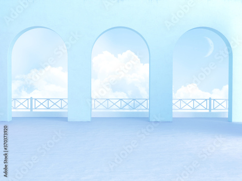 Fantasy blue empty terrace with arch walls in minimalist geometric style. 3D rendering.