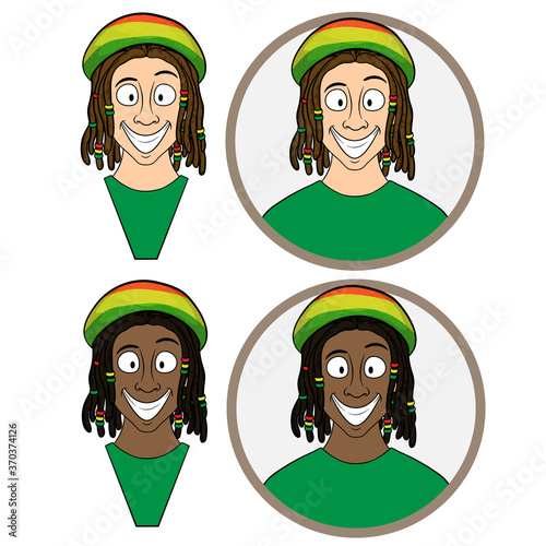 bust of a smiling cartoon man with dreadlocks and a rasta hat in a circle. vector isolated on white background. suitable as a logo