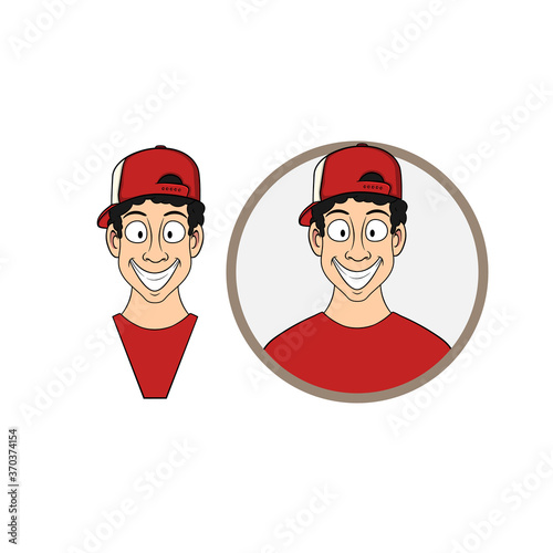bust of a smiling cartoon man in a red cap in a circle. vector isolated on white background. suitable as a logo