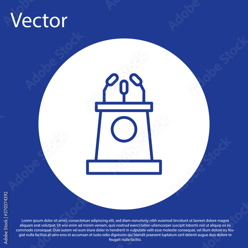 Blue line Stage stand or debate podium rostrum icon isolated on blue background. Conference speech tribune. White circle button. Vector Illustration.