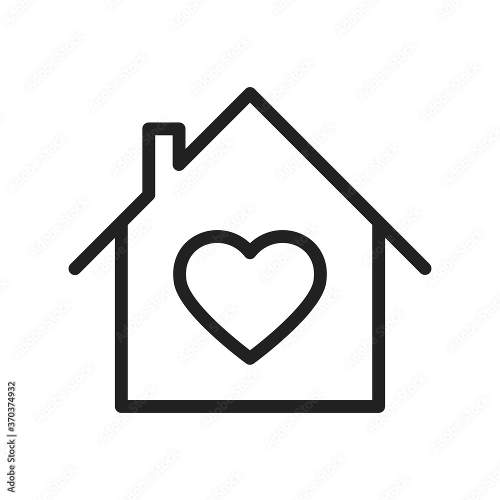 Heart in home vector line style icon illustration. Concept of family love and care in a house designed for a residential logo or corona covid19 safety sign Heart in home vector line style icon illustration. Concept of family love and care in a house designed for a residential logo or corona covid19 safety sign