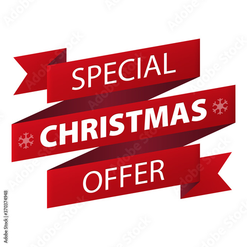 Special Christmas offer red ribbon banner icon isolated on white background. Vector illustration