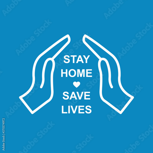Stay at home save lives - social distancing and care logo concept. Hand gesture icon looks like a roof with "Stay home" quote text. COVID social distance isolated abstract flat vector illustration V1