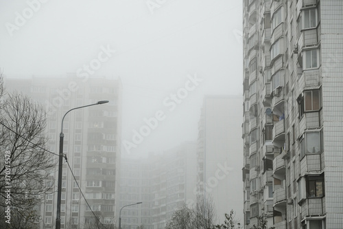 empty streets in the fog, no people quarantine isolation  verry foggy russia