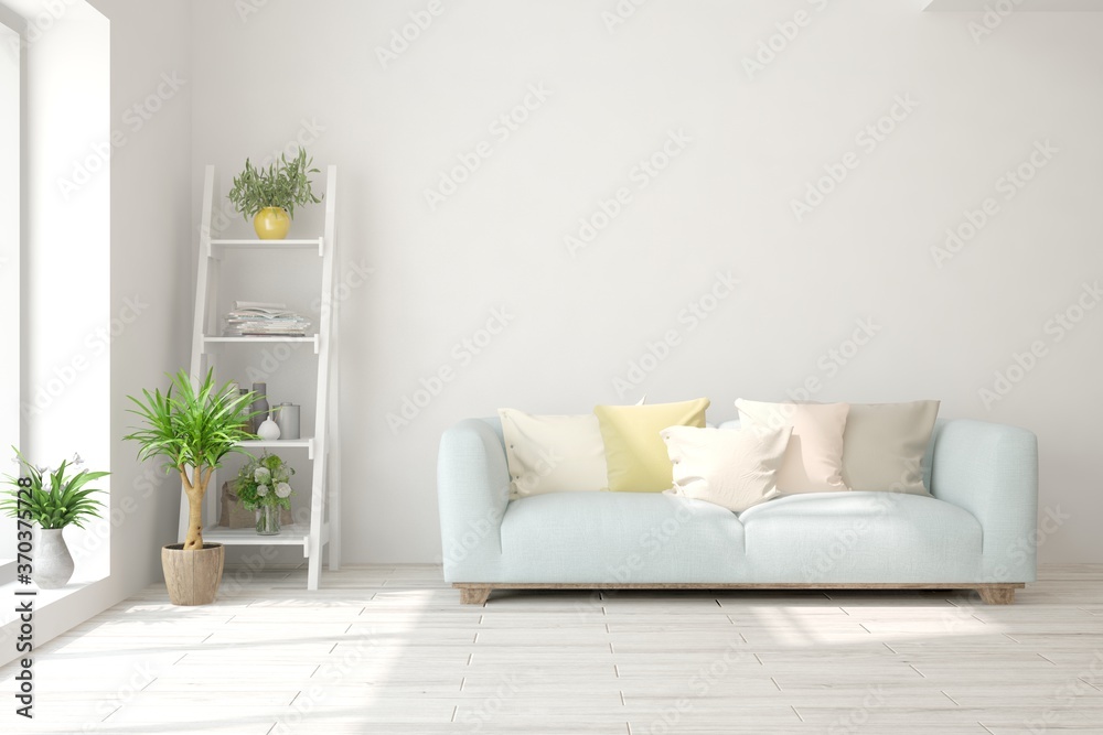 White living room with sofa. Scandinavian interior design. 3D illustration White living room with sofa. Scandinavian interior design. 3D illustration