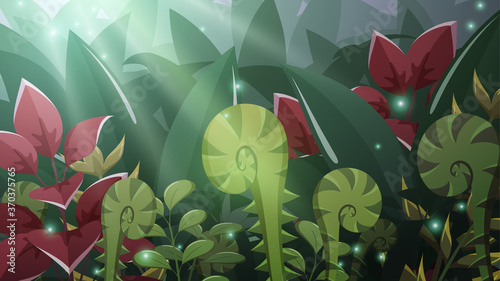 妖精のいそうな幻想的なジャングルの風景イラスト_16:9