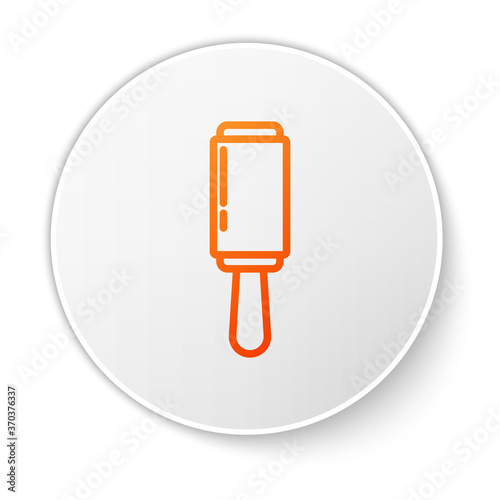 Orange line Adhesive roller for cleaning clothes icon isolated on white background. Getting rid of debris, dust, hair, fluff, pet wool. White circle button. Vector Illustration.