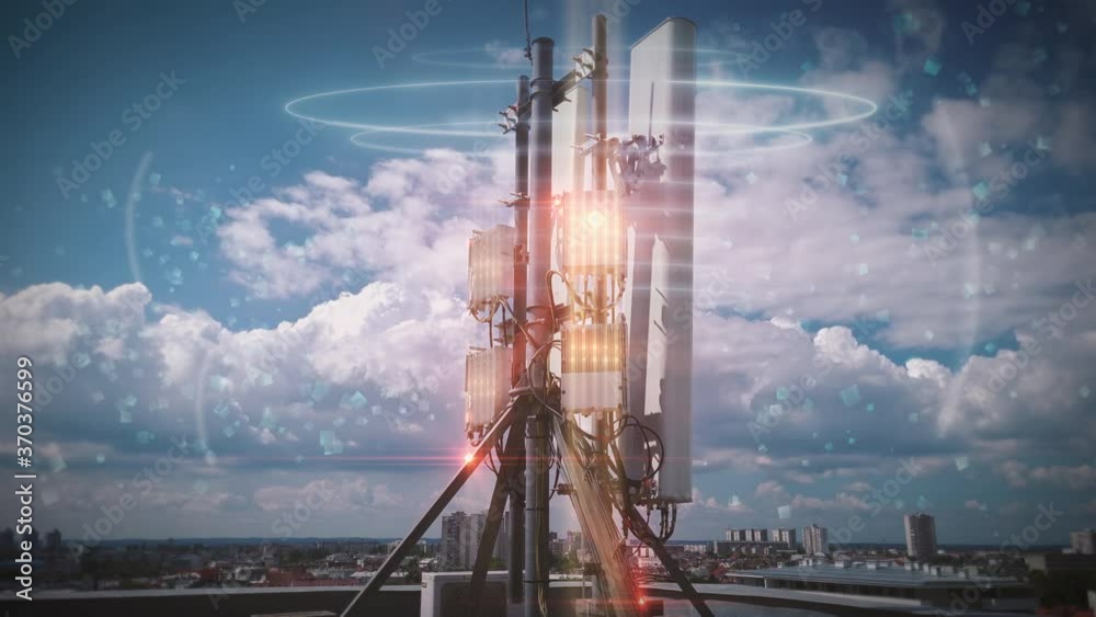 Time lapse of telecom antenna base station on rooftop. Animation of 4G, 5G radio waves radiation. Wireless pollution concept in urban cityscape