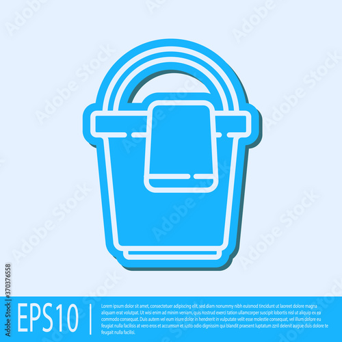 Blue line Bucket with rag icon isolated on grey background. Cleaning service concept. Vector Illustration.