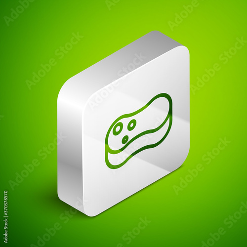 Isometric line Sponge icon isolated on green background. Wisp of bast for washing dishes. Cleaning service concept. Silver square button. Vector Illustration.