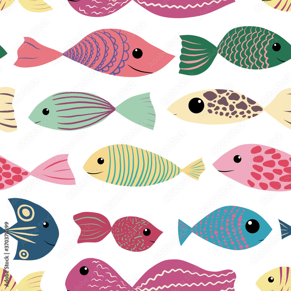 Children illustration of many different multicolored fish. Seamless pattern underwater animals. Cheerful smiling kind sea creatures swiming. kids textile, print, postcard, wrapping paper, scrapbook