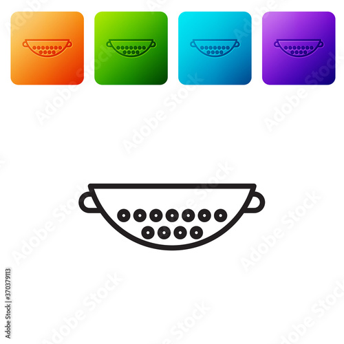 Black line Kitchen colander icon isolated on white background. Cooking utensil. Cutlery sign. Set icons in color square buttons. Vector Illustration.
