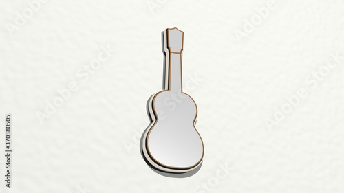 GUITAR from a perspective on the wall. A thick sculpture made of metallic materials of 3D rendering. illustration and background