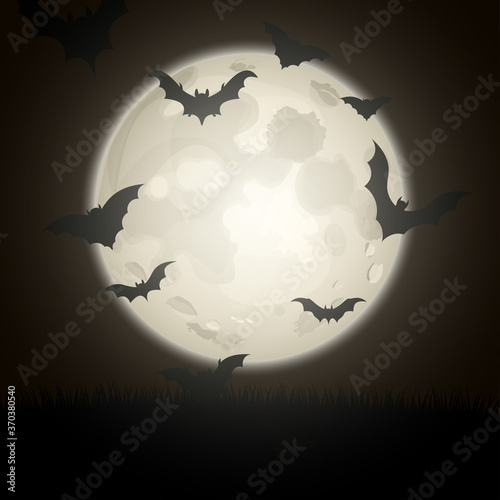 Bat silhouettes on night full moon background.