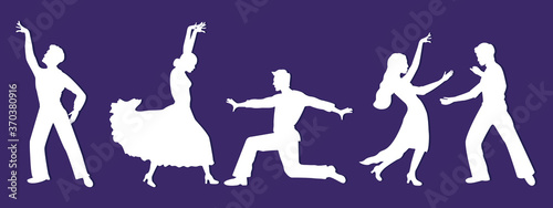 Dancers silhouettes isolated on purple background. Paper cut effect. Latin American, ballroom or Spanish dances