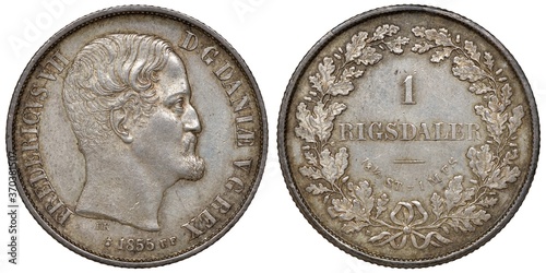 Denmark Danish silver coin 1 one rigsdaler 1855, head of King Frederic VII right, denomination within wreath, photo