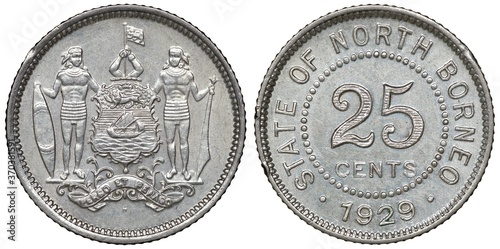 British North Borneo silver coin 25 twenty five cents 1929, shield with supporters, denomination within beaded circle, date below, photo