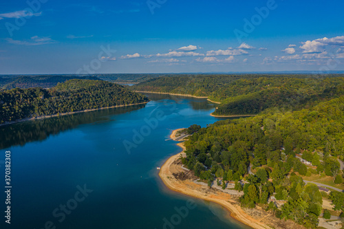 aerial view of mountains and lake