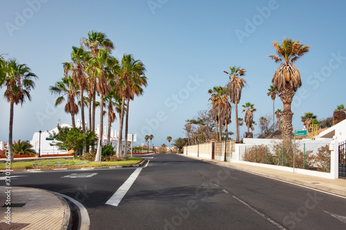 Fototapeta Naklejka Na Ścianę i Meble -  Empty road passing through San Blas, small and charming holiday resort with quiet residential streets lined with palm trees and connecting Golf del Sur to Los Abrigos, Tenerife, Canary Islands, Spain