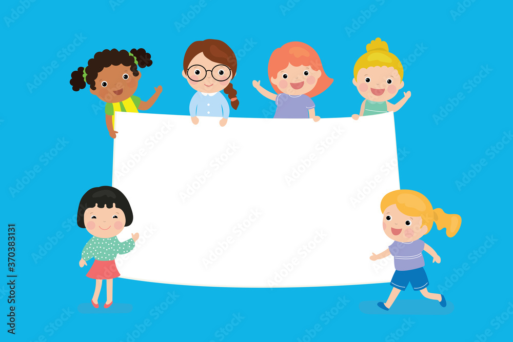 Cartoon girl kids holding empty banner template. Blank space for text or design. Cartoon girl kids holding empty banner template. Blank space for text or design.