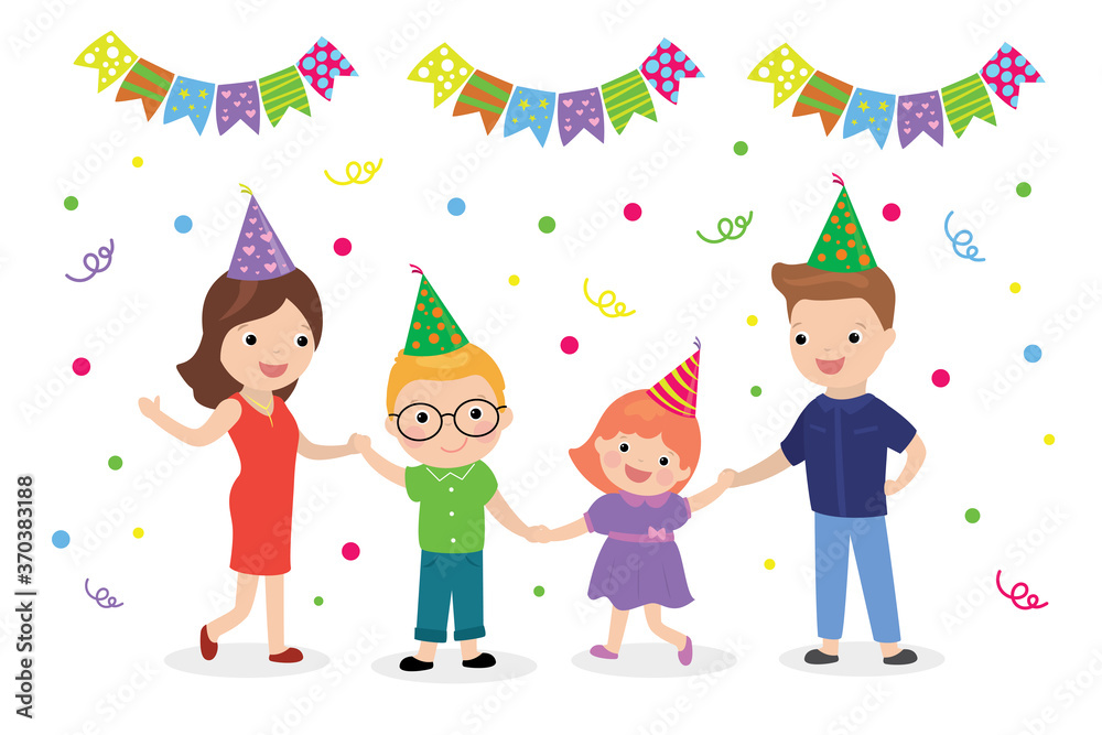 Cute caucasian family celebrating. Cartoon parents and children have birthday or new year party. Adorable characters Cute caucasian family celebrating. Cartoon parents and children have birthday or new year party. Adorable characters