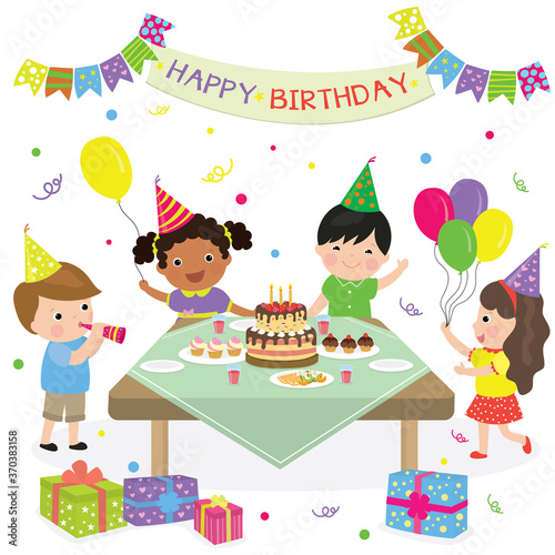 Cute multi-ethnic children celebrating. Cartoon kids have birthday party. Adorable boys and girls with hats and balloons