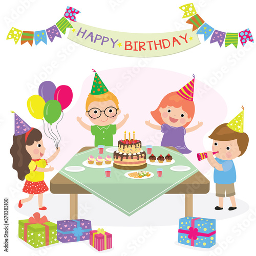 Cute caucasian children celebrating. Cartoon kids have birthday party. Adorable boys and girls with hats and balloons.