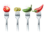 Chili pepper, hot jalapeno, stuffed pepper on a fork. Concept of diet and healthy eating. Hand drawn watercolor illustration isolated on white background