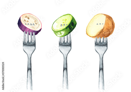 Eggplant, zucchini, potatoes on a fork. Concept of diet and healthy eating. Hand drawn watercolor illustration isolated on white background